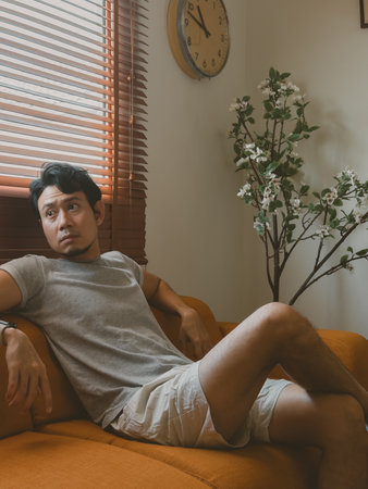 Thai male reclines comfortably on an orange sofa with arms resting on pillows, showing relaxed posture in a quiet home filled with natural light and soft decor touches.の写真素材