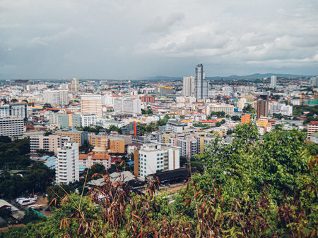 A breathtaking view of a vibrant city skyline, showcasing stunning and unique architecture amid lush, green greeneryの写真素材