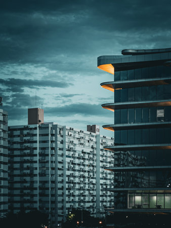 A breathtaking and stunning view of contemporary buildings set against a moody twilight backdrop, truly exceptionalの写真素材