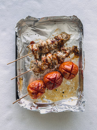Skewers of grilled chicken and tomatoes on metal foil tray, cooked and seasonedの写真素材