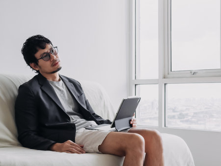 Man in a suit and glasses is sitting on a couch with a tablet in his lap. He is focused on the tablet, possibly working or browsing the internet.の写真素材