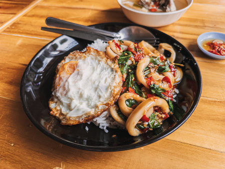 A truly delicious dish featuring stirfried squid, colorful fresh veggies, and a perfectly fried egg atop fluffy riceの写真素材