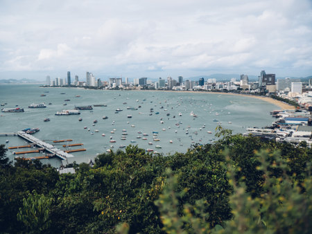 A stunning view of a vibrant coastal city with boats and lush greenery along the picturesque shorelineの写真素材