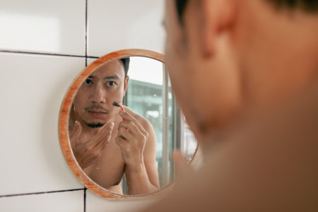 View from behind the shoulder of asian man shaving his beard in the bathroom.の写真素材