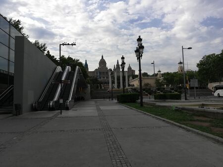 street view with escalator in the morning in barcelonaの写真素材