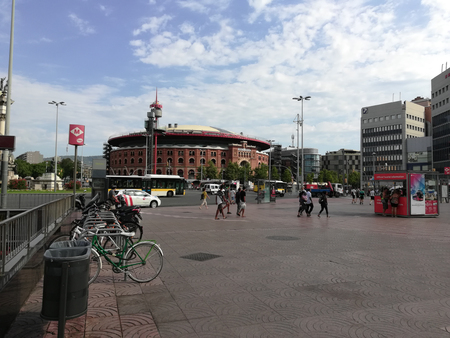 View of the plaza of barcelona and bullfighting arenaのeditorial素材
