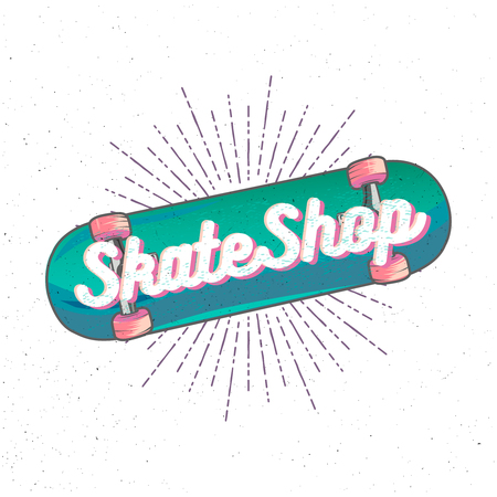 Skate Shop lettering inside high detailed cartoon skateboard with sunburst on background.のイラスト素材