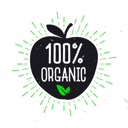 100% Organic - label for healthy food. Text inside the apple, typography design.のイラスト素材