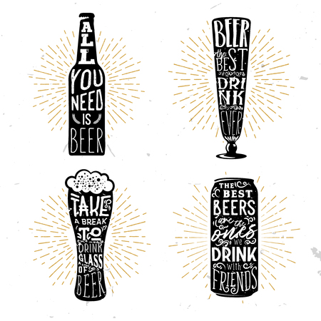Set of four beer themed typographical badges with quotes inside the different objects: bottle, mug, glass, beer can. Vector illustrationのイラスト素材