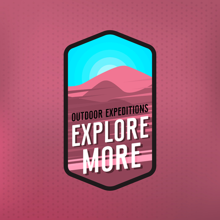 Explore more - modern outdoor badge for wear. Purple landscape and blue sky and phrase "explore more". Vector outdoor themed logoのイラスト素材