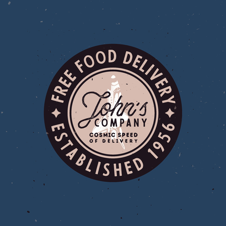 Food delivery vintage badge, old-fashioned vector illustration with grunge texture and space shuttle in the middle, and funny slogan inside the circle of logo.のイラスト素材