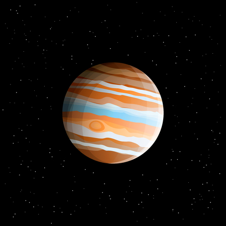 Gas giant - planet Jupiter (biggest Solar System planet) drawn in realistic style, isolated on cosmic space background with starsのイラスト素材