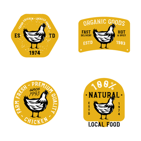 Farm fresh chicken marks. Badges in vintage style on farm theme with monochrome chicken sketchのイラスト素材