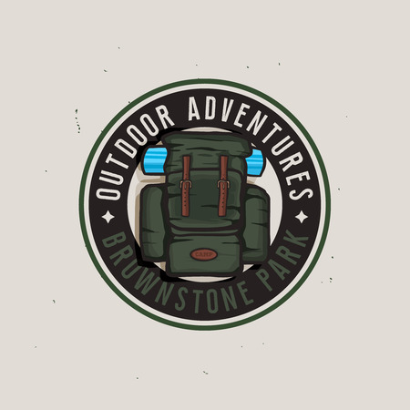 NAtional park logotype concept with travel backpack, outdoor adventures badge with hiking related design elements on light backgroundのイラスト素材