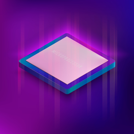 Isometric neon styled illustration of computer microprocessor. Electronic digital computer banner with CPU chip.のイラスト素材