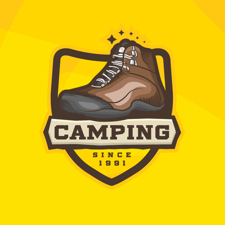 Vector cartoon hiking shoes logotype. Trekking boots on Camping logo concept.のイラスト素材