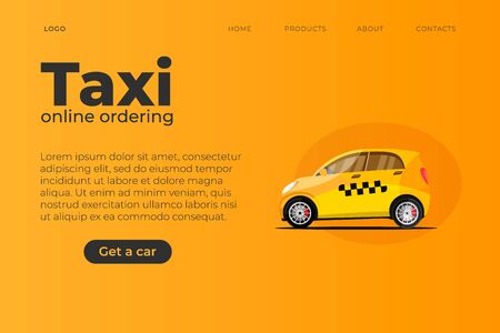 website taxi themed page template with small car with taxi grid symbols. Realistic small taxi city carのイラスト素材