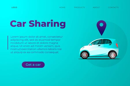 Car sharing service. Automation wireless online car sharing service managed by smartphone app. Car with geo tag illustration, smart city eco car side view with location mark. Website page template.のイラスト素材