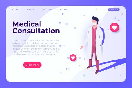 medical consultation landing web page illustration with doctor in lab coat.のイラスト素材