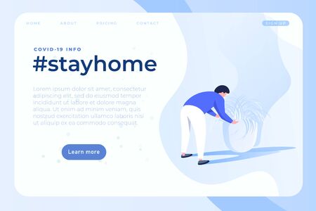 Stay home coronavirus prevention poster in light blue color palette, modern styled illustration with man watering flowers. Vector web page cover, landing page header.のイラスト素材