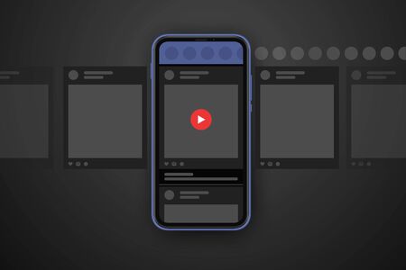 Video post carousel dark theme. Cellphone screens carousel in black mode. Social network interfaceのイラスト素材