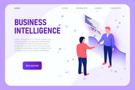 business intelligence page concept with two specialists. analysis charts and graphs on background.のイラスト素材