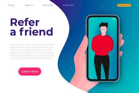 Affiliate program illustration concept. Refer a friend web stite page header template. Man at smartphone screen.のイラスト素材