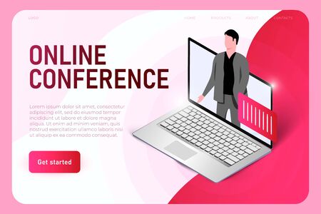 Online conference room web page template. professional conference, online presentation, web meeting room concept. Isometric 3D website app. Landing web page templateのイラスト素材