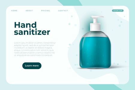 coronavirus information webpage design with covid 19 prevention object like hand sanitizer. 3d bottle, realistic hand wash gelのイラスト素材