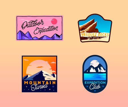 Vector hiking, camping, outdoor badges. wilderness retro vintageのイラスト素材