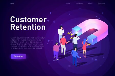 Customer retention isometric illsutration, webpage landing template. Big magnet attracts customers, buyers. Responsive design for e-commerce sphereのイラスト素材
