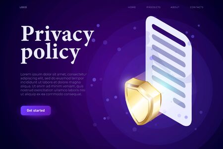 Privacy Policy illsutration concept, 3d contract with sign and 3d shield, protection concept. Isometric 3d website app. Landing web page templateのイラスト素材
