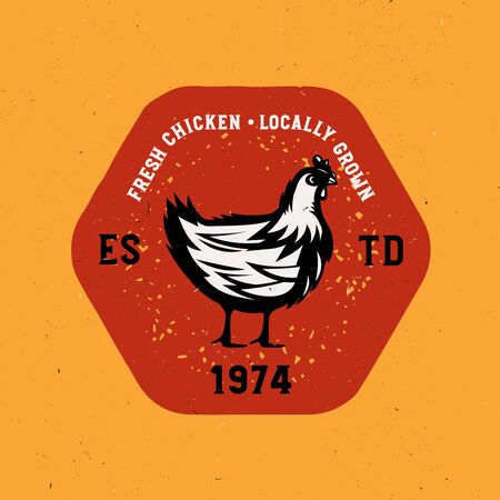 Vintage Chicken look, hand drawn retro badge with farm rooster meat, local food, farm fresh print.のイラスト素材
