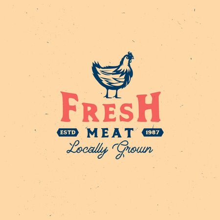 Vintage Chicken look, hand drawn retro badge with farm rooster meat, local food, farm fresh print.のイラスト素材