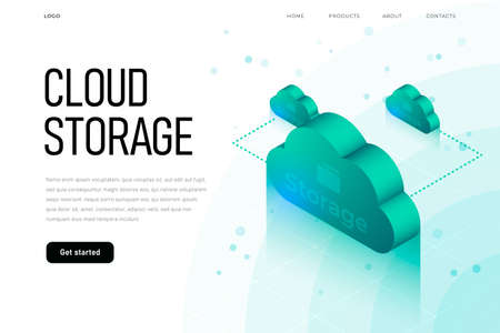 IT sphere related isometric illustration with 3d cloud. Cloud storage landing page template with isometric cloud, hi tech technologyのイラスト素材