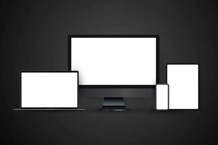 Realistic set of devices mockups with monitor, laptop, tablet, smartphone. Dark theme.の写真素材