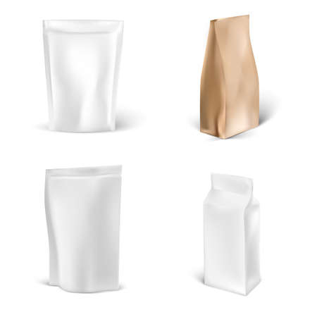 Coffee packaging set with white and brown craft paper mockups. Coffee packaging mockup template collection isolated on white background.のイラスト素材