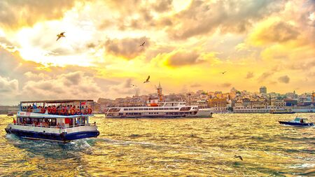 Colorful sky with clouds and sea as background  with ship in   Istanbul HDR imageのeditorial素材