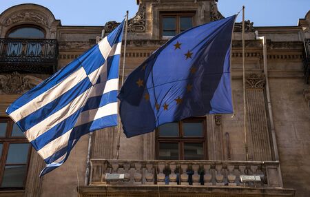 Greek and European Union flags side by sideの写真素材