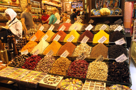 Istanbul, Turkey - September 18, 2015: Various spices and candy shop in the Spice Bazaar or Egyptian Spice Bazaar in Istanbul Turkey in the Fatish district.のeditorial素材