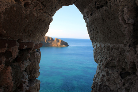 View from window of Tenedos Castle Bozcaada, Canakkale, Turkey.のeditorial素材
