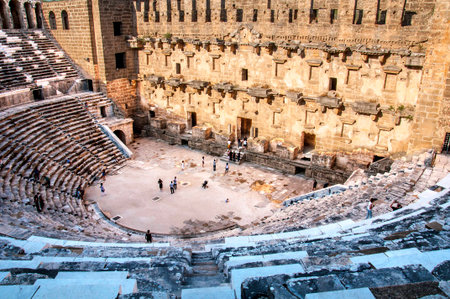 Antalya, TURKEY - June 16, 2018: Located in Antalya, Turkey. Aspendos theater is being visited by touristsのeditorial素材
