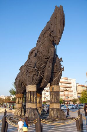 ?anakkale, Turkey - August 23, 2018: The wooden horse used at the movie of Troy. It was given to the city of Canakkale as a present in 2004. Now, it is located at a public parkのeditorial素材