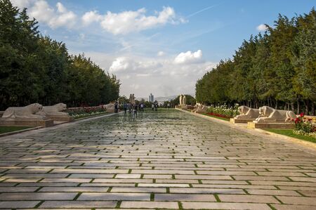Ankara, Turkey - October 7, 2019: People walk in the road of Lions to reach Anitkabir mausoleum of Mustafa Kemal Ataturk. Many people visit Anitkabir every year.のeditorial素材