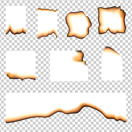 Set of burned pieces of paper on transparent background. Isolated vector element for designのイラスト素材