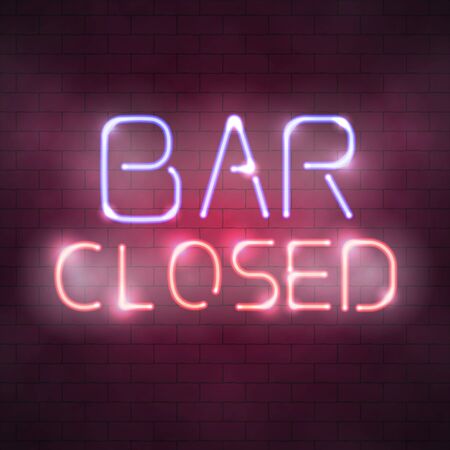 Bar closed neon sign on the brick wall. Vector illustration of glowing signboardのイラスト素材