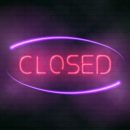 Glowing neon open sign. Luminous text. Vector illustration of the lucent letters on the brick wall backgroundのイラスト素材