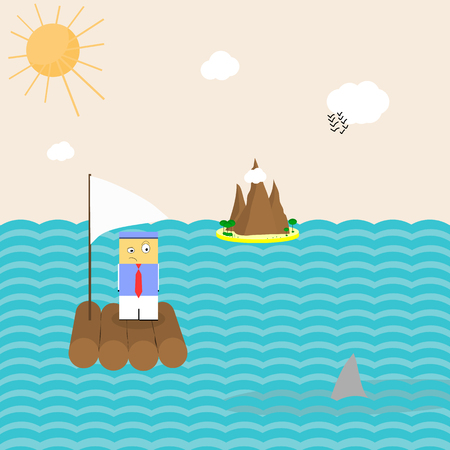 Funny flat vector illustration of the man with a red tie on a boat surprisingly looking at the sharks fin sticking out of the water and island, sun, clouds and birds on the backgroundのイラスト素材