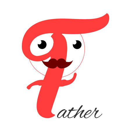 Stylized father shaped logo letter. Cartoon dad capital character with arms and mustache isolated on the white background. Funny vector type illustrationのイラスト素材