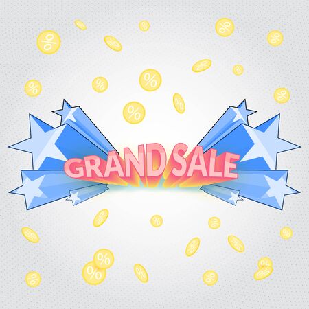 Promotional banner with blast of blue stars and falling coin.のイラスト素材